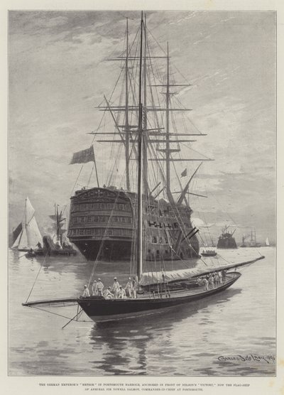 Der deutsche Kaiserliche Meteor im Hafen von Portsmouth, vor Nelsons Victory verankert, jetzt das Flaggschiff von Admiral Sir Nowell Salmon, Oberbefehlshaber in Portsmouth von Charles John de Lacy