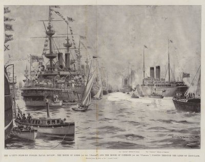 Die Marineparade zum Diamantenen Jubiläum der Königin, das House of Lords (auf der Donau) und das House of Commons (auf der Campania) passieren die Reihen der Panzerschiffe von Charles John de Lacy