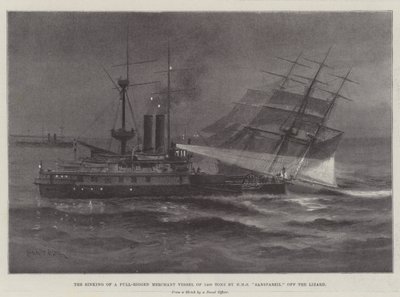 Das Sinken eines vollgetakelten Handelsschiffs von 1400 Tonnen durch die HMS Sanspareil vor dem Lizard von Charles John de Lacy