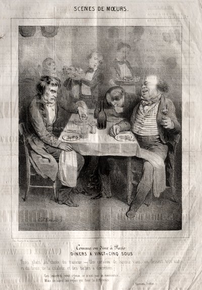 Szenen der Sitten: Wie man in Paris speist. Abendessen für fünfundzwanzig Sous. Drei Gerichte nach Wahl des Gastwirts von Charles Joseph Traviès de Villers