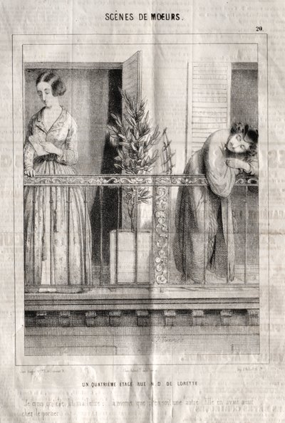 Sittenbilder: Ein viertes Stockwerk in der Rue N. D. de Lorette. Ich glaube, sie liest meinen Brief... es sei denn, es ist ein anderer. Sie hatte neun beim Pförtner. von Charles Joseph Traviès de Villers