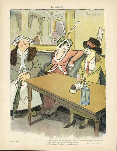 Illustration von Chas-Laborde (1886-1941) in Le Smile, Nr. 9, 27/02/13 - Geschäft - Restaurant Cafés, Mode, Hut - Gier, Geiz - Frauen von Charles Laborde