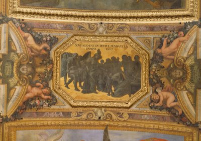 Hilfe für die Menschen während der Hungersnot von 1662, Deckenmalerei aus der Galerie des Glaces von Charles Le Brun
