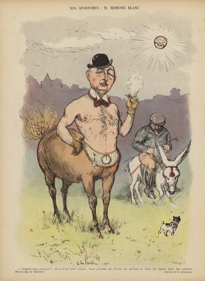 Edmond Blanc, französischer Rennpferdebesitzer und Züchter. Illustration für Le Rire von Charles Leandre