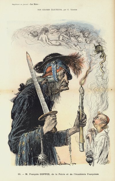 François Coppée, französischer Schriftsteller und Nationalist, Illustration für Le Rire von Charles Leandre