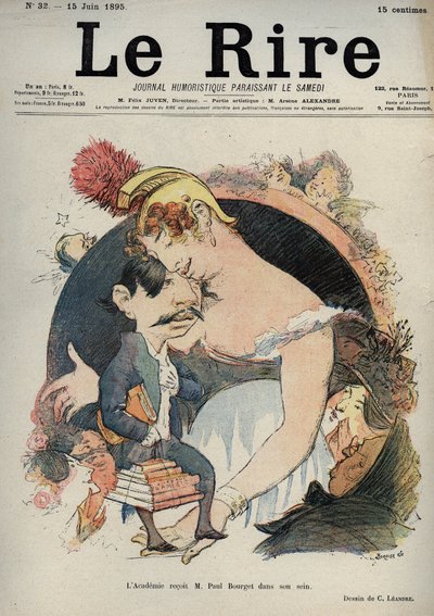Paul Bourget, französischer Schriftsteller - Die Akademie empfängt Paul Bourget in ihrem Schoß - Karikatur von Charles Leandre in 