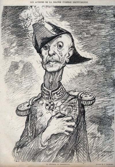 Die Schauspieler der großen Dreyfus-Komödie - Porträt von Raoul Le Mouton de Boisdeffre (General de Boisdeffre) (1839-1919), französischer Militär - Karikatur von Charles Leandre (1862-1934) in „Le Rire“ 1898 von Charles Leandre
