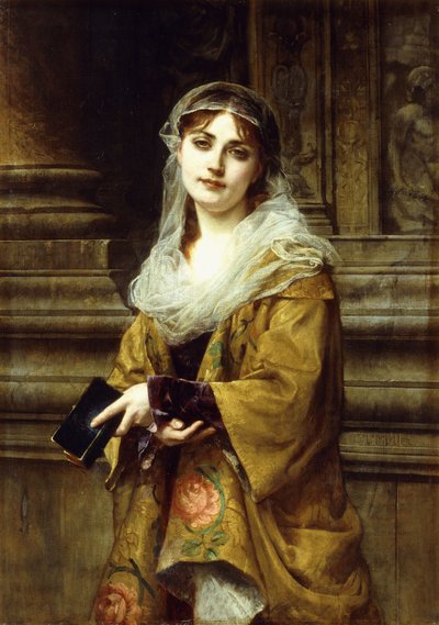 Eine junge Frau vor einer Kirche von Charles Louis Lucien Muller