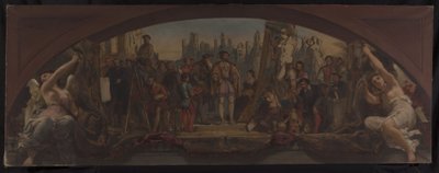 Skizze für den Denon-Pavillon im Louvre: Die vier Lebensalter der Kunst in Frankreich - Präsentation der Pläne für das Schloss Fontainebleau an Franz I., um 1864 von Charles Louis Lucien Muller