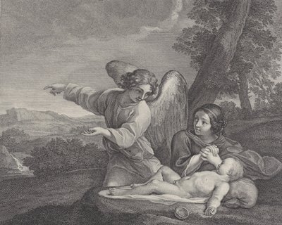 Der Engel erscheint Hagar in der Wüste, während sie ihre Hände faltet von Charles Louis Simonneau