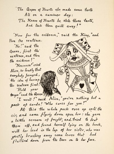 Die Rote Königin sagt zu Alice: Halt den Mund, Illustration aus Alice unter der Erde, veröffentlicht 1886 von Charles Lutwidge Dodgson