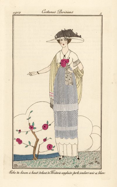 Frau im Leinenkleid mit englischer Perlenspitze, schwarz-weiße Hausschuhe von Charles Martin
