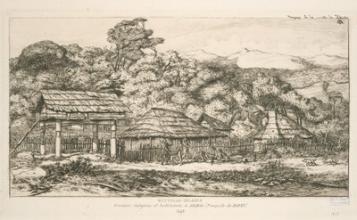 Einheimische Speicher und Behausungen in Akaroa, Banks-Halbinsel, Illustration aus 