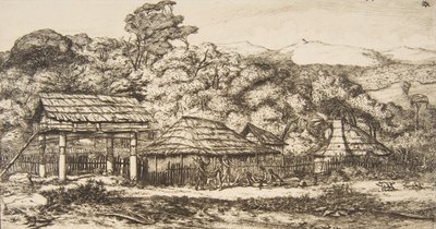 Einheimische Scheunen und Hütten in Akaroa, Banks-Halbinsel, 1845, 1860 von Charles Meryon