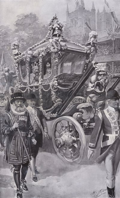 König Edward VII. und Königin Alexandra in der Staatskutsche auf dem Rückweg von ihrer Krönung in der Westminster Abbey, London von Charles Mills (after) Sheldon