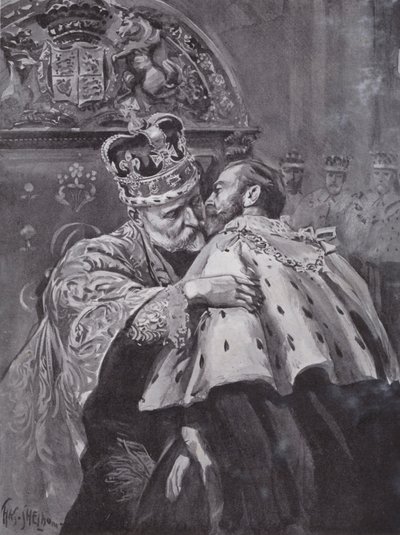 König Edward VII. umarmt seinen Sohn, den Prinzen von Wales, bei der Krönung des Königs, Westminster Abbey, London von Charles Mills (after) Sheldon