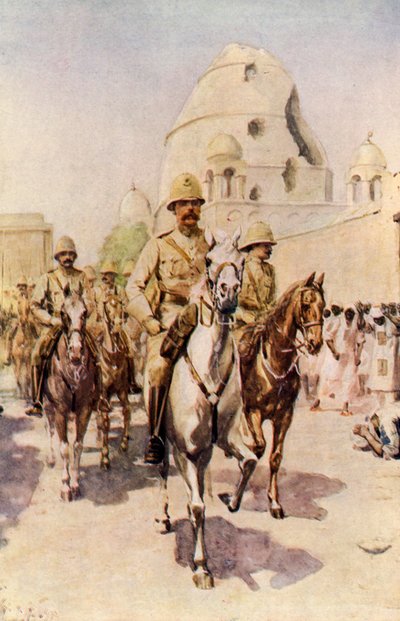 Lord Kitchener betritt Omdurman nach der Schlacht (Farblithografie) von Charles Mills (after) Sheldon