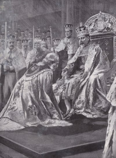 Huldigung des Erzbischofs von Canterbury bei der Krönung von König Edward VII., Westminster Abbey, London, 1902 von Charles Mills after Sheldon