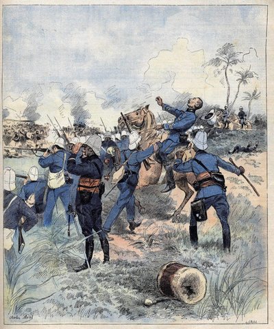 Kommandant Faurax starb in der Schlacht von Dogba am 19. September 1892 in Dahomey (heute Benin) nach dem Aquarell von Morel von 1892 von Charles Morel