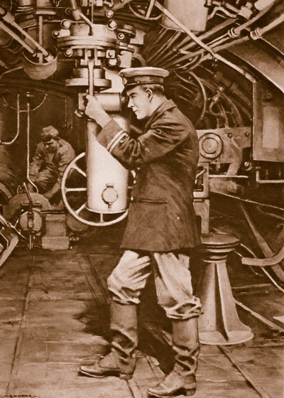 Britischer U-Boot-Offizier untersucht das Periskop in der Hoffnung, ein feindliches Ziel zu finden von Charles Murray Padday