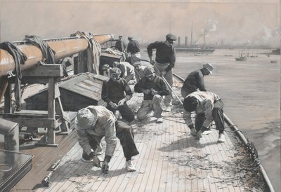 Bau eines 23-Meter-Rennbootes, die Brynhild-Brücke schabt. Zeichnung und Waschung von Charles M. Padday, frühes 20. Jahrhundert. von Charles Murray Padday
