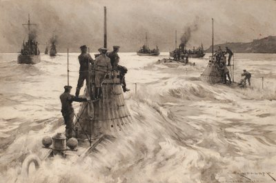 Neue britische U-Boote verlassen Milford Haven (England), um in Aktion zu treten. Zeichnung und Waschung von Charles M. Padday, frühes 20. Jahrhundert von Charles Murray Padday