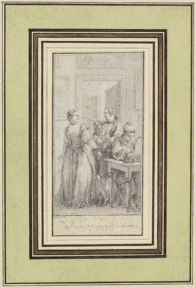 Achter Tag, erste Geschichte, Madonna Ambruogia gibt ihrem Ehemann die zweihundert Florin, die sie von Gulfardo als Bezahlung für ihre Gunst erhalten hat von Charles Nicolas Cochin II