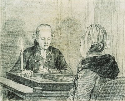 Ein sitzendes Paar, die Dame von hinten gesehen, spielt Backgammon bei Kerzenlicht von Charles Nicolas II Cochin