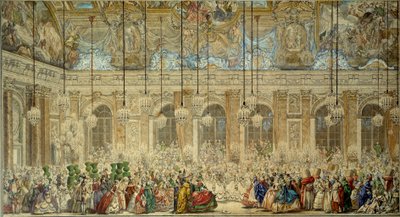 Maskenball oder Ball der Ifs für die Hochzeit von Louis Dauphin von Frankreich mit Marie Therese von Spanien in der Spiegelgalerie in Versailles im Februar 1745 (Zeichnung) von Charles Nicolas II Cochin