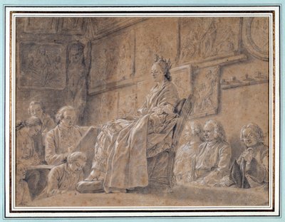 Wettbewerb um die Darstellung des Ausdrucks. Verschiedene Künstler in einem Atelier, die ein Modell auf einem Sessel porträtieren. Zeichnung von Ch. Nicolas Cochin von Charles Nicolas II Cochin