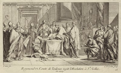 Raymond VI., Graf von Toulouse, demütigt sich in der Kirche von St. Gilles, um seine Exkommunikation aufheben zu lassen von Charles Nicolas II Cochin