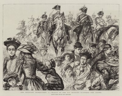 Die Militärmanöver, ein Angriff der 8. Husaren zerstreut die Menge von Charles Paul Renouard