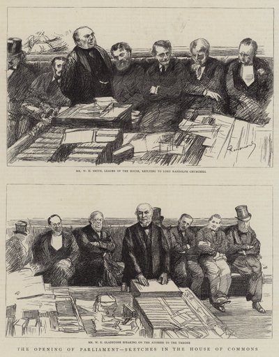 Die Eröffnung des Parlaments, Skizzen im Unterhaus von Charles Paul Renouard