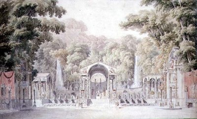 Entwurf für ein Bühnenbild mit einem Venus-Tempel in einem bewaldeten Garten für Gretrys 