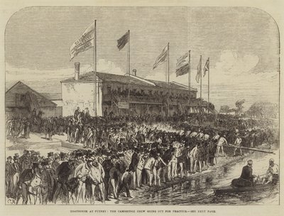 Bootshaus in Putney, die Cambridge-Crew geht zum Training von Sir John Charles Robinson