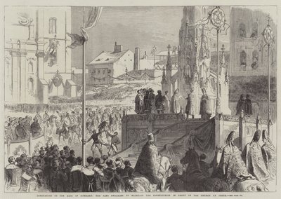 Krönung des Königs von Ungarn, der König schwört, die Verfassung vor der Kirche in Pesth zu wahren von Sir John Charles Robinson