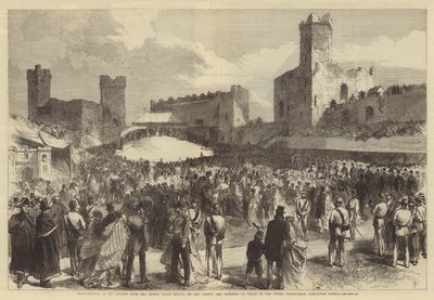 Überreichung einer Adresse des nordwalisischen Volkes an den Prinzen und die Prinzessin von Wales im oberen Burghof von Carnarvon Castle von Sir John Charles Robinson