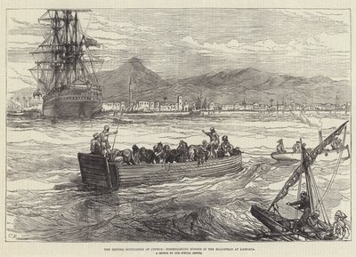 Die britische Besetzung von Zypern, Ausschiffung von Pferden in der Reede von Larnaca von Sir John Charles Robinson