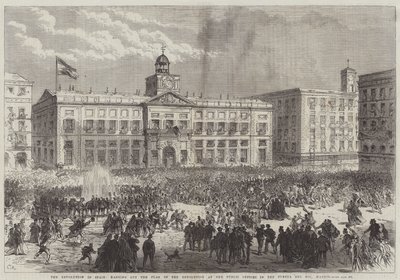 Die Revolution in Spanien, Hissen der Revolutionsflagge an den öffentlichen Ämtern in der Puerta del Sol, Madrid von Sir John Charles Robinson