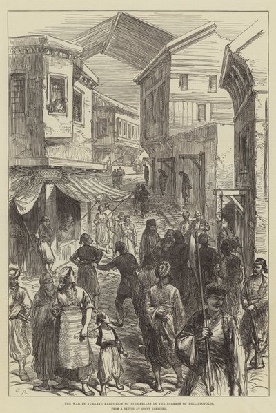 Der Krieg in der Türkei, Hinrichtung von Bulgaren auf den Straßen von Philippopolis von Sir John Charles Robinson