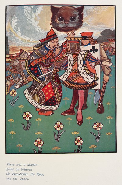 Es gab einen Streit zwischen dem Henker, dem König und der Königin. Die Grinsekatze schaute zu. von Charles Robinson