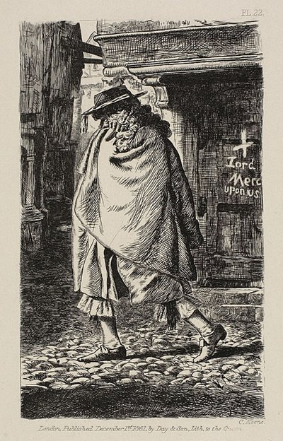 Eine verhüllte Gestalt, die durch die Straße geht (zur Zeit der Pest in London) von Charles Samuel Keene