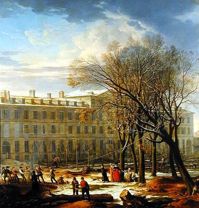 Figuren, die Bäume vor einem Gebäude in Paris fällen von Charles Thevenin