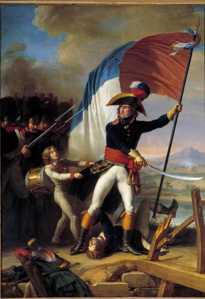Der General Pierre Augereau (1757-1816) führt den Angriff auf die Brücke von Arcole am 15. November von Charles Thevenin