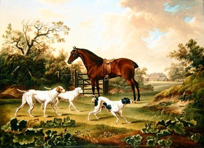 Ein Bay Hunter und drei Pointer in einer Landschaft mit Lyston Hall im Hintergrund von Charles Towne