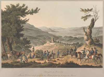 Nr. 5 Sabugal am Fluss Coa, französische Vorposten im Vordergrund, die Alliierten bereiten sich darauf vor, den Fluss zu überqueren. von Charles Turner