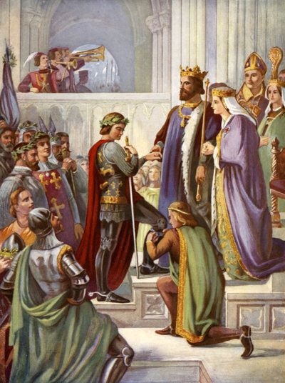 Die Investitur des Schwarzen Prinzen als Ritter des Hosenbandordens (Farblithografie) von Charles West (after) Cope