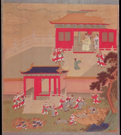 Kaiser Chin Wang Ti (r.221-210 v. Chr.) verbrennt alle chinesischen Bücher und wirft die Gelehrten in eine tiefe Schlucht, aus einer Geschichte der chinesischen Kaiser im Jahr 213 v. Chr. von Chinese School