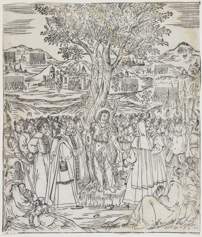 Johannes der Täufer predigt, Platte aus Giulio Alenis Tianzhu jiangsheng zhuxiang jingjie (Eine illustrierte Geschichte des Herrn des Himmels, der Fleisch geworden ist), Jinjiang Kirche, Provinz Fujian von Chinese School