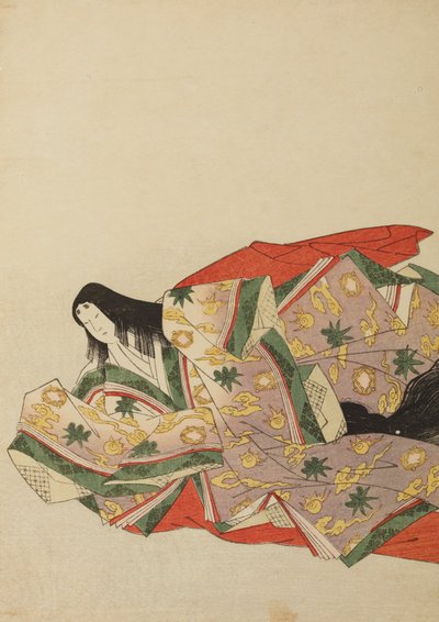 Hofdame in hellviolettem Gewand mit grünem und gelbem Muster, Tafel aus dem Album: Nishiki-zuri onna sanju rokkasen e-zukushi von Chobunsai Eishi